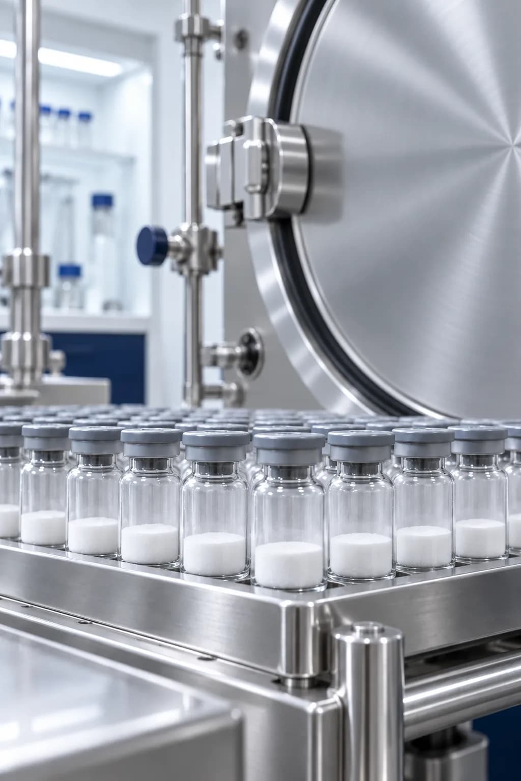 Fioles de peptide lyophilisé sur un plateau de laboratoire